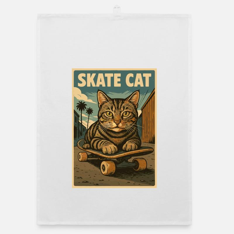 Skate Cat sur une affiche rétro de skateboard Torchon bio