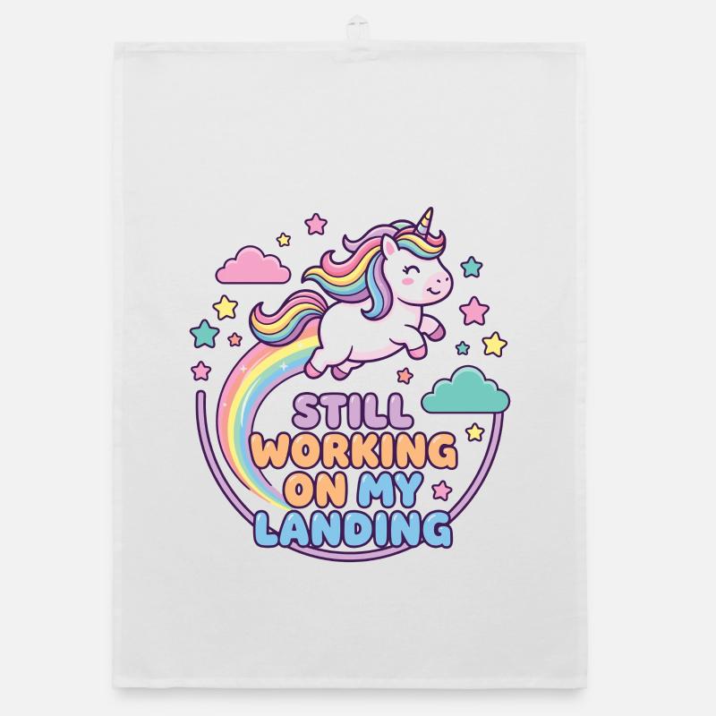 Unicorn Rainbow with Still Working On My Landing Organic dish towel