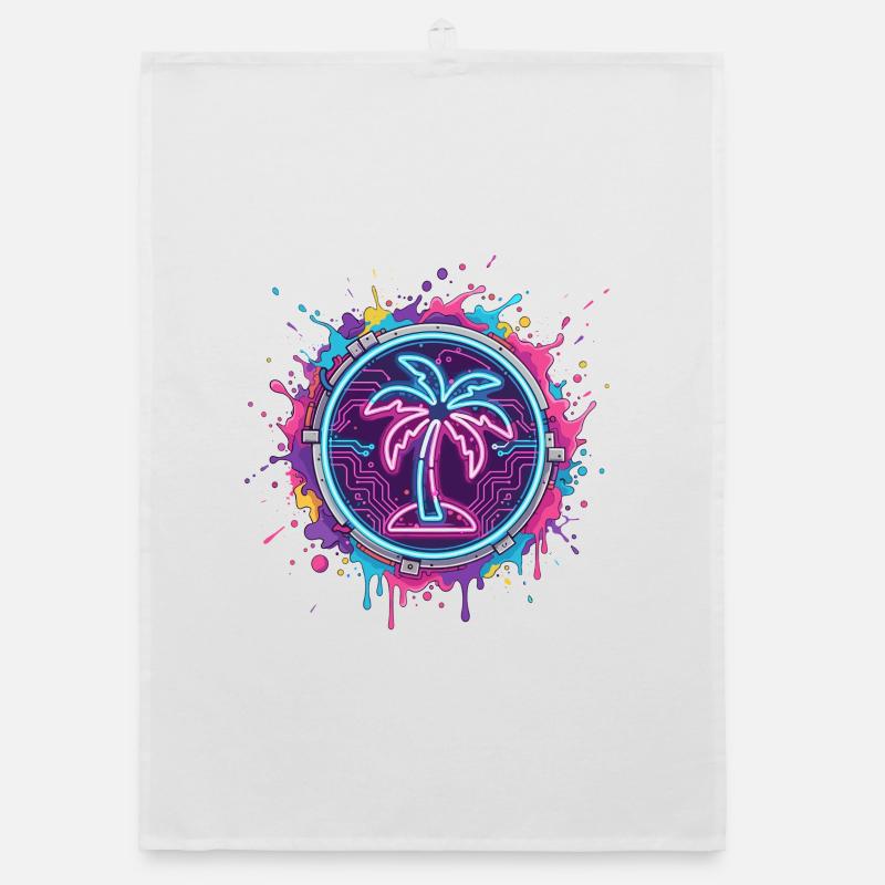 Neon palm tree in cyber circle Organic dish towel