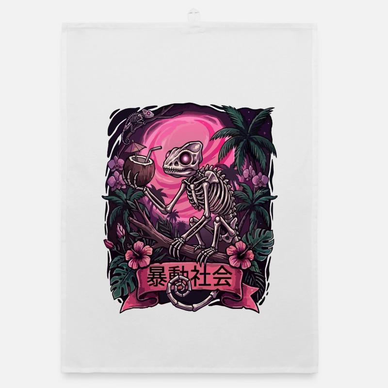 Skeleton in Neon Jungle With Chameleon Organic dish towel