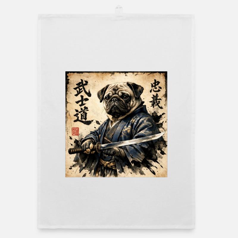 Samurai Pug Japanese Calligraphy Artwork Organic dish towel