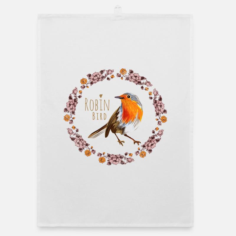Oiseau rouge-gorge avec design de fleurs botaniques Torchon bio