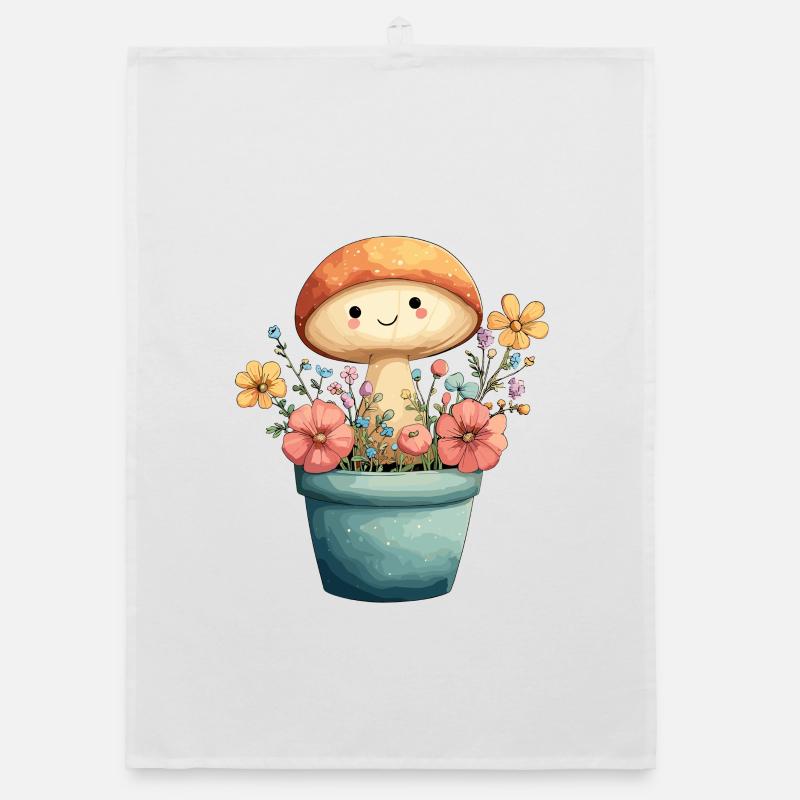 Un champignon joyeux dans un pot de fleurs Torchon bio