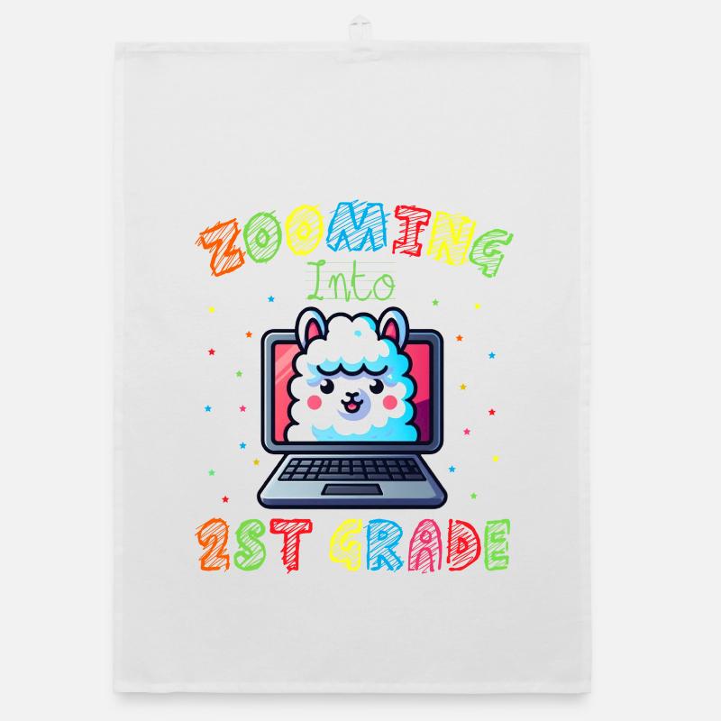 Rainbow Llama on Screen - Organic dish towel - white