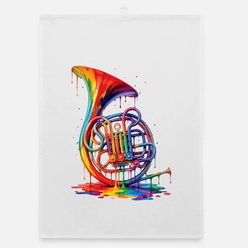 French horn with dripping paint Organic dish towel