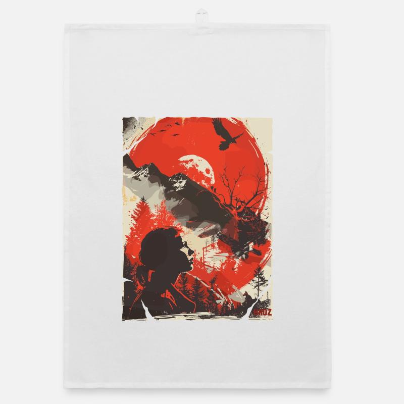 Red Moon Wilderness Silhouette Organic Geschirrtuch