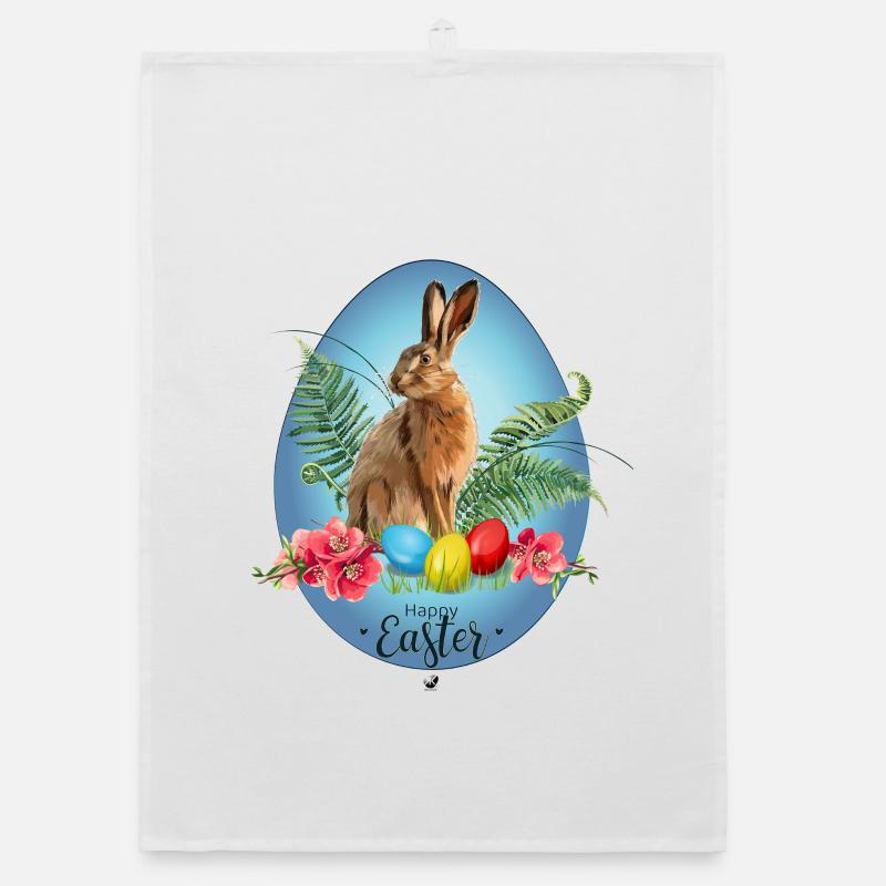 Illustration de lapins, œufs de Pâques et fleurs de cerisier Torchon bio