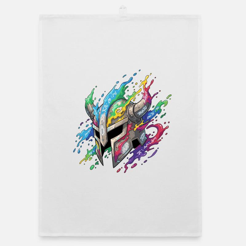 Rune Helmet in Rainbow Fire Organic dish towel