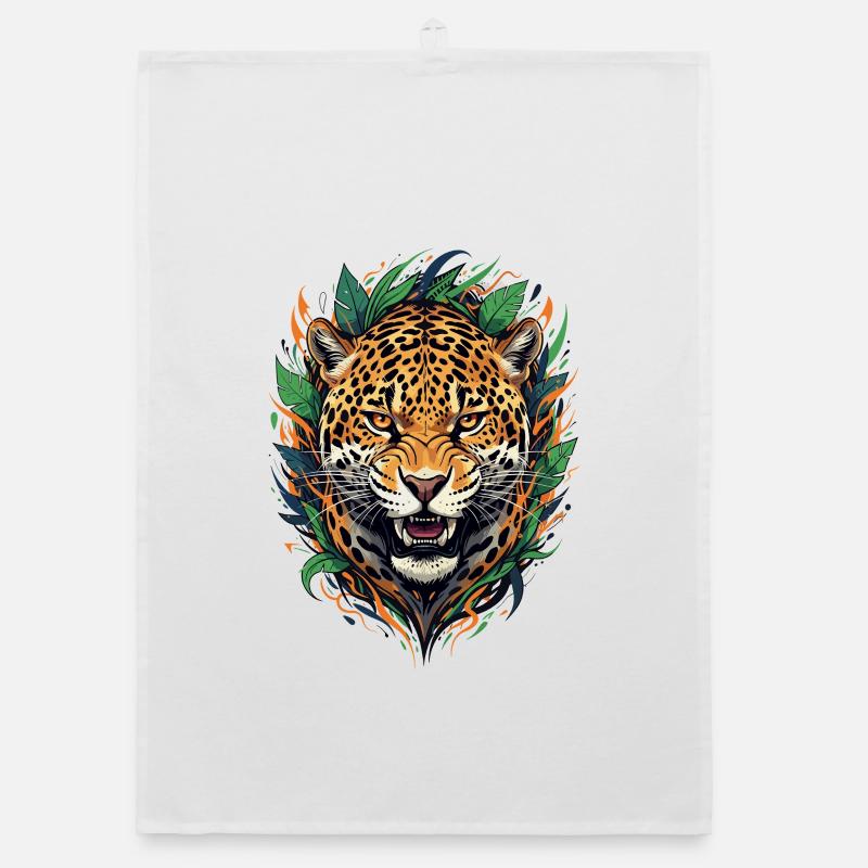 Jaguar head in jungle frame Organic dish towel