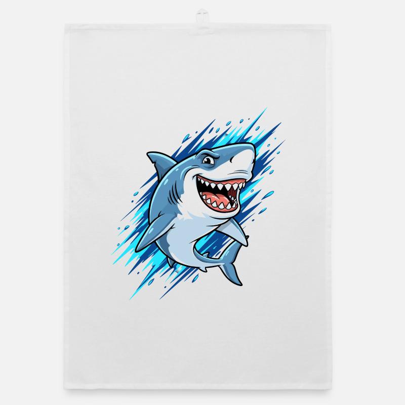 Requin de dessin animé bleu avec des éclaboussures Torchon bio