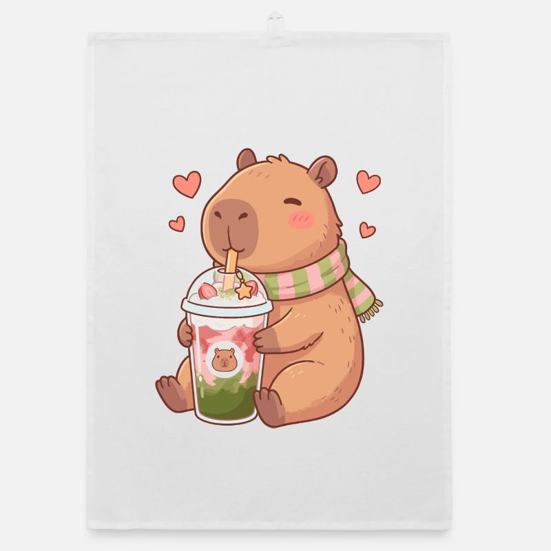 Cute Kawaii Capybara Drinking Strawberry Matcha Organic dish towel