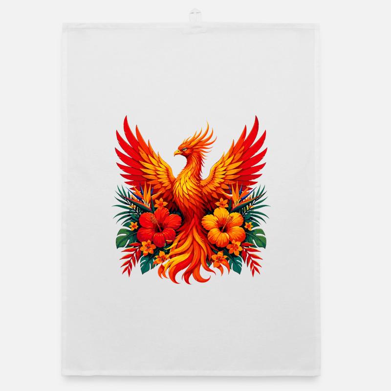 Flame phoenix with tropical flowers Organic dish towel