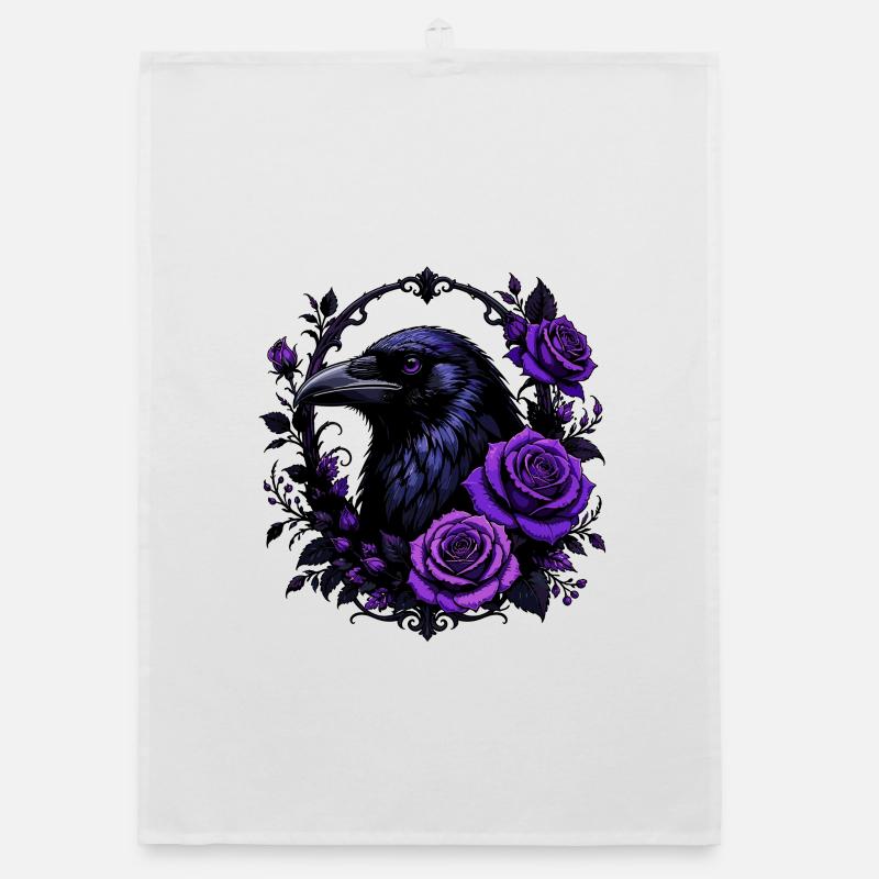 Night crow with violet roses Organic dish towel