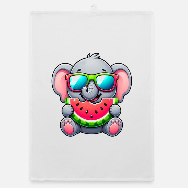 Dessin animé Éléphant mignon avec pastèque Torchon bio