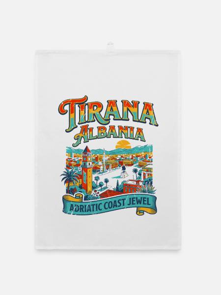 Vintage Tirana Albania Adriatic Coast Cityscape - Organic Geschirrtuch - Weiß - Vorne