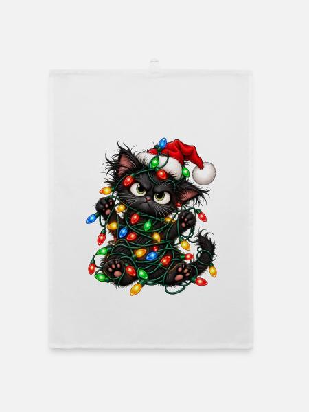 Weihnachten Katze Geschenkidee Lichterkette - Organic Geschirrtuch - Weiß