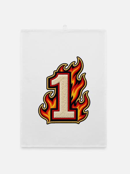 Zahl 1 im Flammen Patch-Look  - Organic Geschirrtuch - Weiß - Vorne
