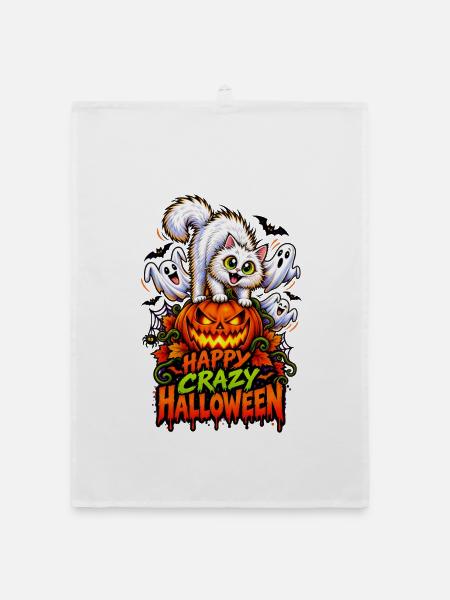 Happy Crazy Halloween Cat – Spooky Pumpkin - Organic Geschirrtuch - Weiß