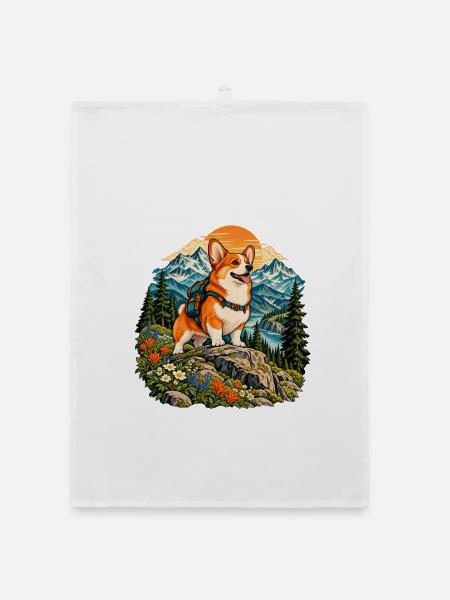 Wandernder Corgi im Bergwald - Organic Geschirrtuch - Weiß