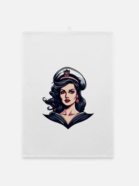 Matrosin mit Mütze Retro Portrait - Organic Geschirrtuch - Weiß - Vorne