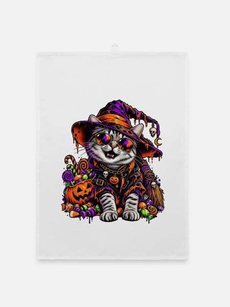 Bunte Halloween Hexenkatze mit Süßem - Organic Geschirrtuch - Weiß - Vorne