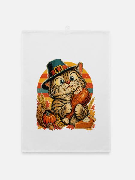 Thanksgiving-Katze mit erwischtem Truthahn - Organic Geschirrtuch - Weiß - Vorne