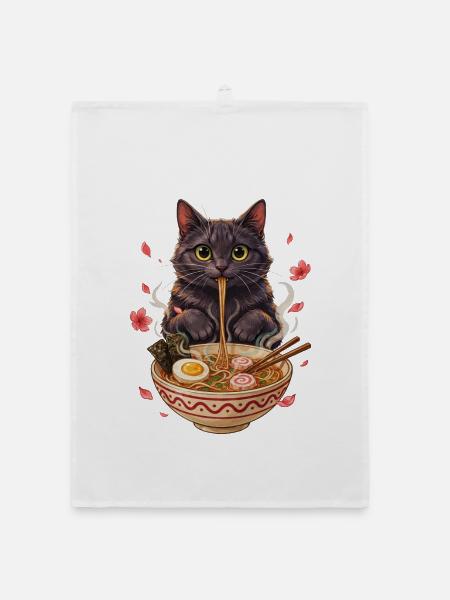 Schwarzer Kater schlürft Ramen Nudeln - Organic Geschirrtuch - Weiß - Vorne