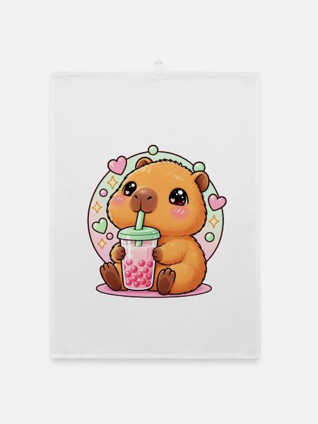 Süßes Kawaii Capybara Boba Tee Anime Ästhetik - Organic Geschirrtuch - Weiß - Vorne