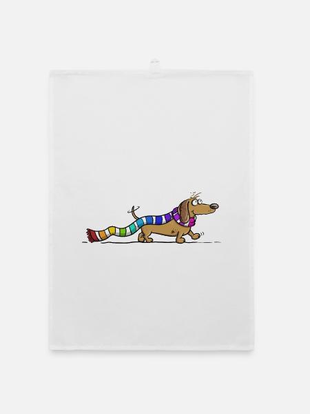 Dackel mit Regenbogen Schal Cartoon Dachshund Hund - Organic Geschirrtuch - Weiß