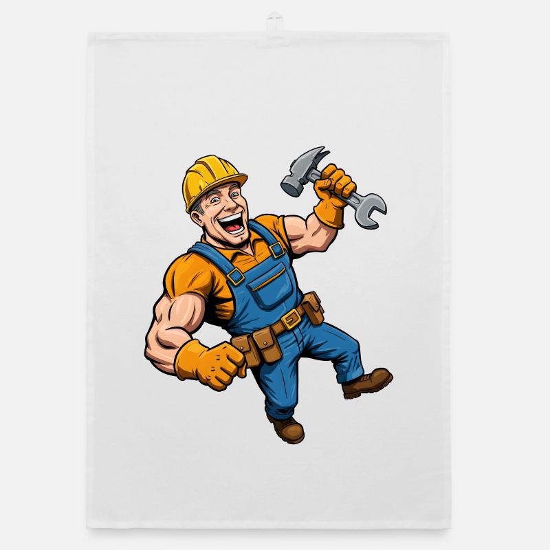 Fröhlicher Comic-Bauarbeiter mit Werkzeug Organic Geschirrtuch