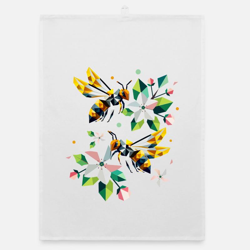 Bees and apple blossoms in harmonious colours Organic dish towel