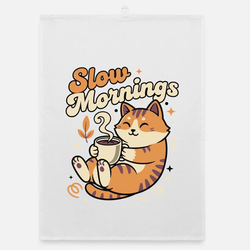 Slow morning cat with coffee Organic dish towel