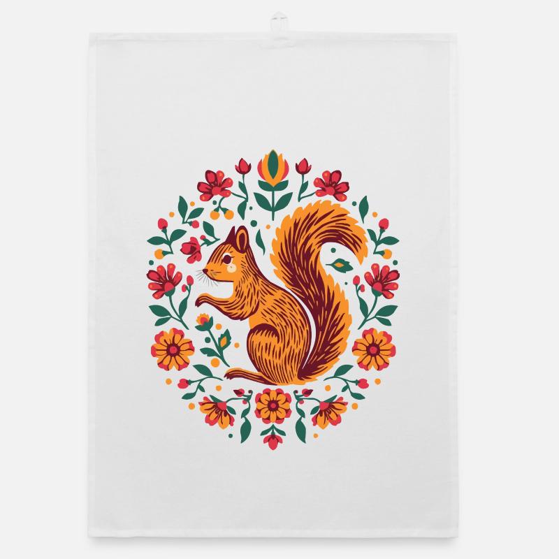 Écureuil dans une couronne de fleurs Torchon bio