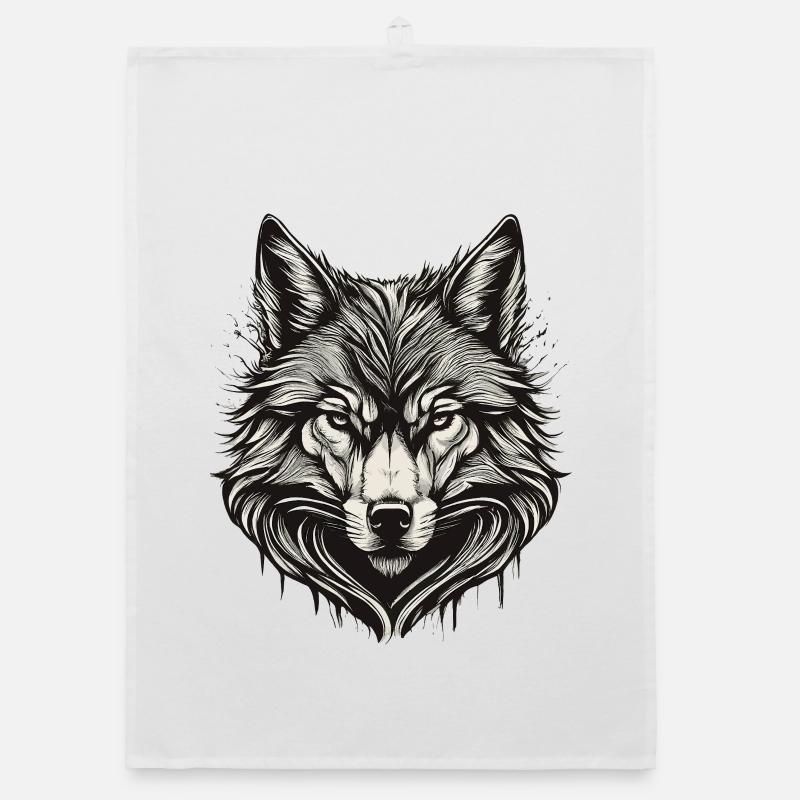 Tête de loup encre gravée - Torchon bio - blanc