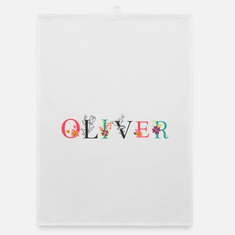 OLIVER Name Art avec des fleurs brodées Torchon bio