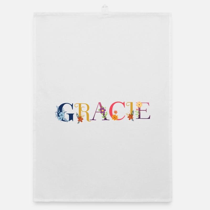 Le nom de GRACIE est décoré de fleurs - Torchon bio - blanc