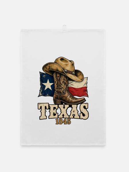 Texas 1845 - Cowboy Boot Flagge - Organic Geschirrtuch - Weiß - Vorne