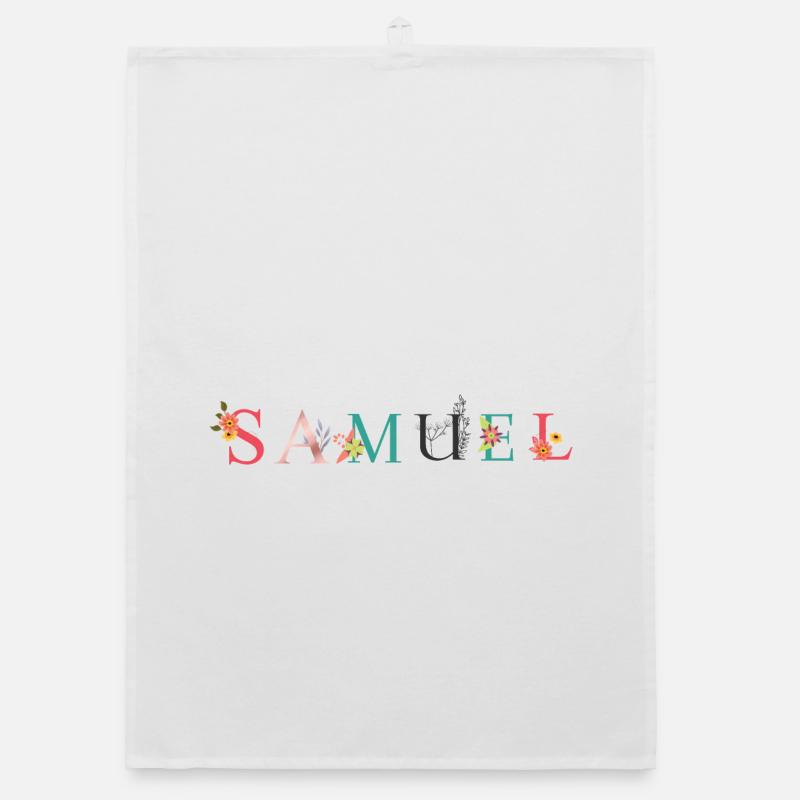 Art du nom SAMUEL avec des fleurs brodées Torchon bio