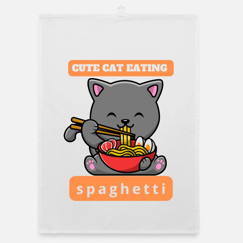 Funny cat eats spaghetti Organic dish towel
