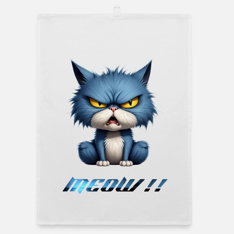 Chat bleu en colère Pixel miaou - Torchon bio - blanc
