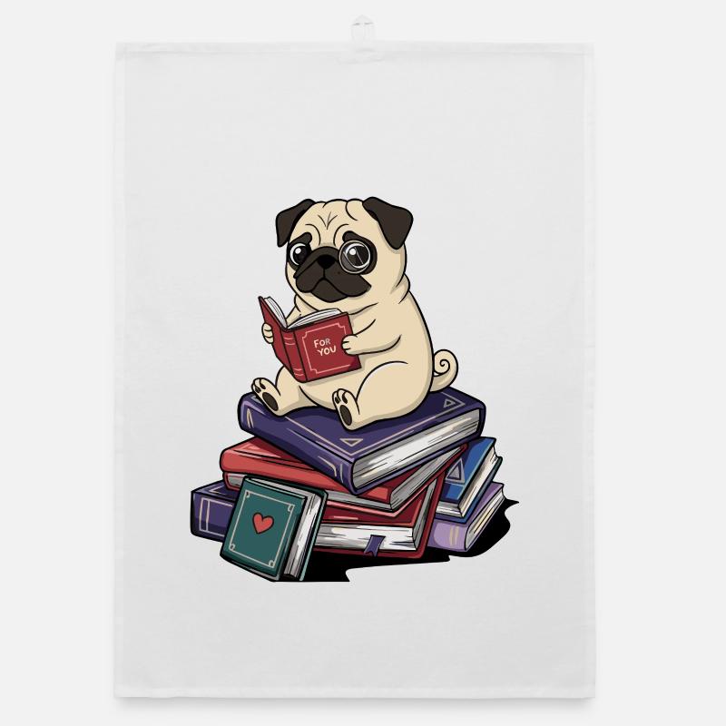 Bookworm Pug Dog Reading Books Art Organic dish towel