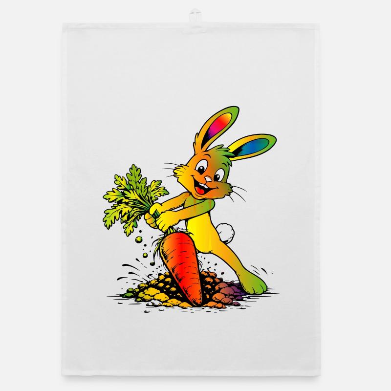 Cartoon Bunny with Carrot Funny Easter Design Organic dish towel