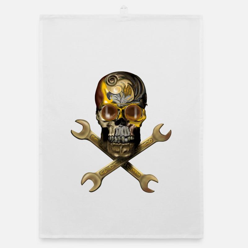 Steampunk skull with tools Organic dish towel