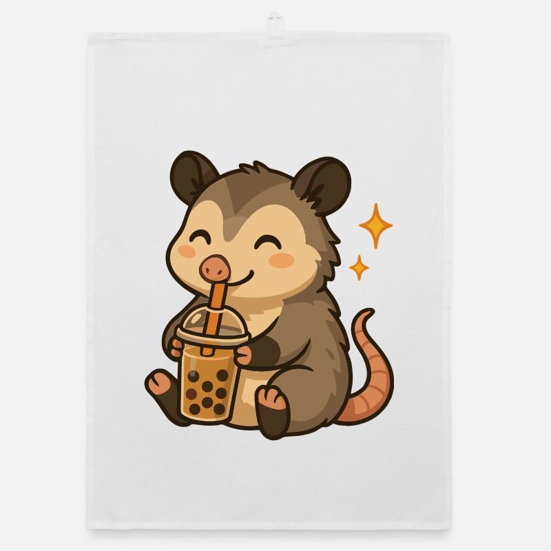 Opossum with Bubble Tea kawaii Opossum Organic dish towel