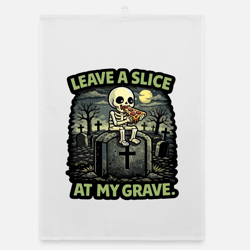 Squelette de pierre tombale mangeant une part de pizza sur la tombe Torchon bio