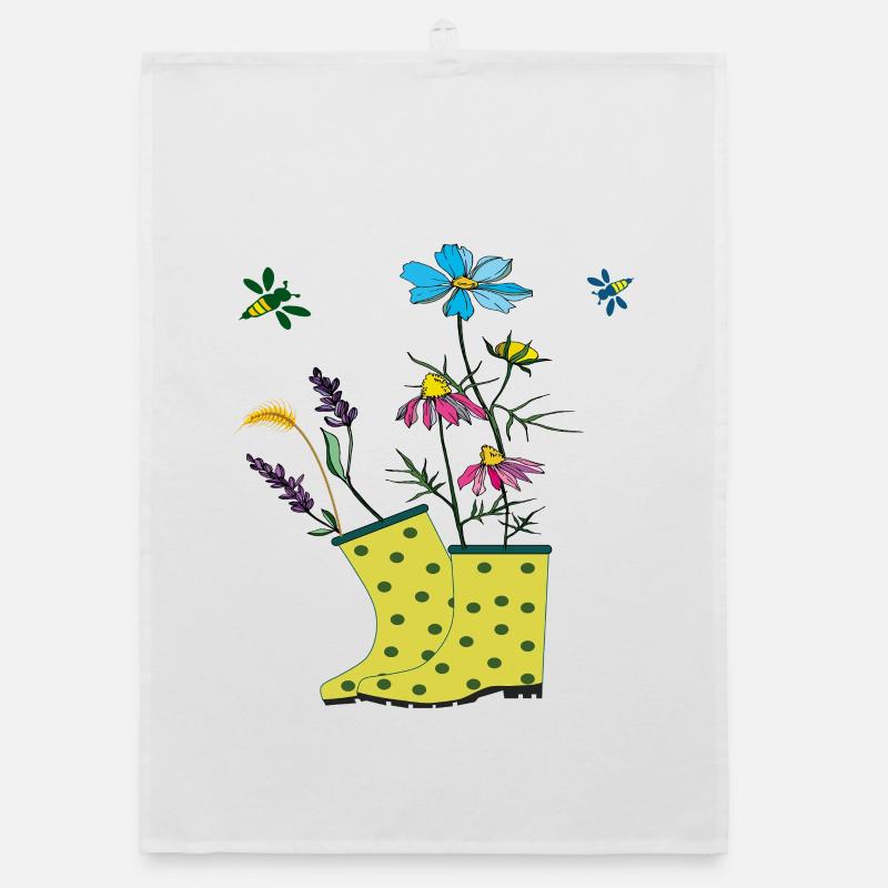 Garten Stiefel mit Blumen und Kräuter - Organic Geschirrtuch - Weiß