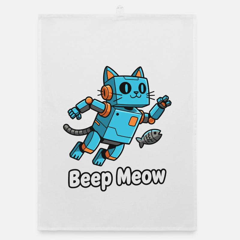 Chat robot bleu Bip Miaou - Torchon bio - blanc