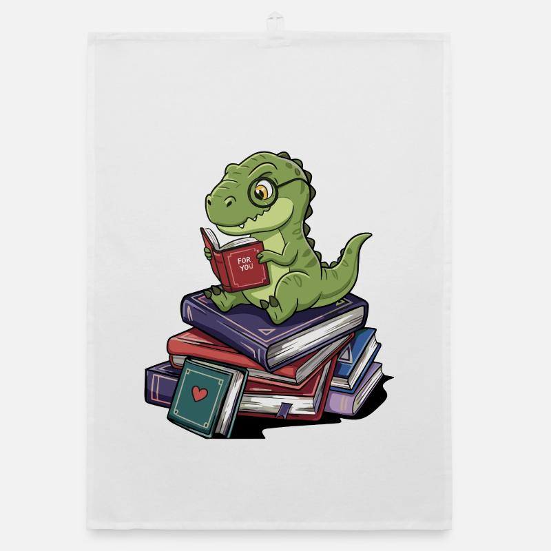Bookworm T-Rex Dinosaur Reading Books Art Organic dish towel