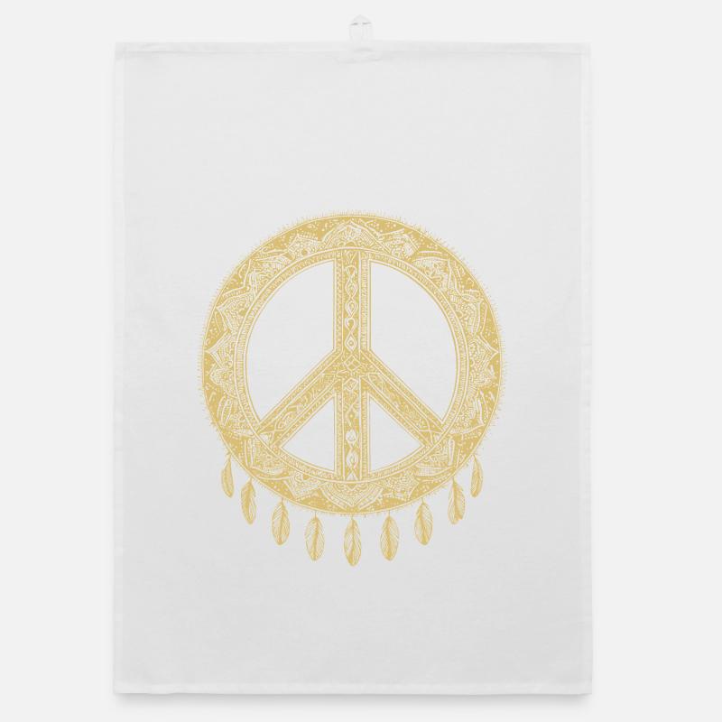 Boho Peace Sign with Feathers in Gold Look Organic dish towel