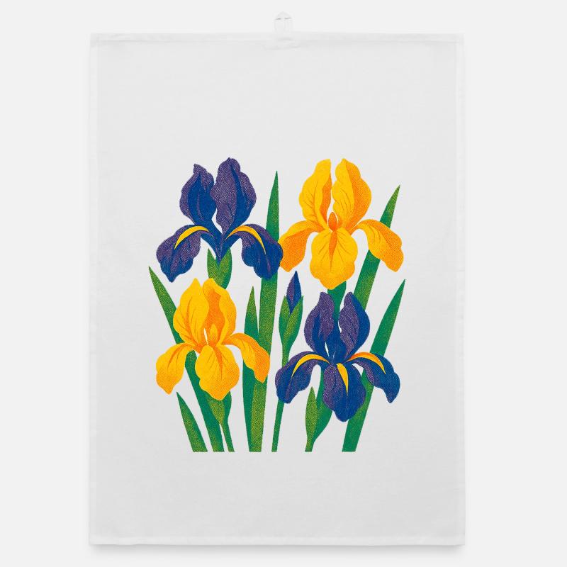 Harmonie d’iris : Fleurs dorées et indigo Torchon bio